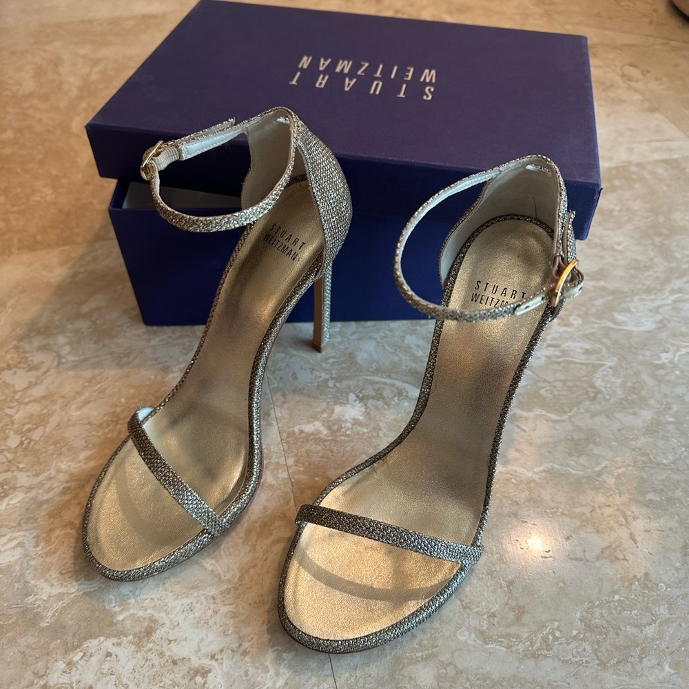Stuart Weitzman Metallic Silver Ankle-Strap Sandals